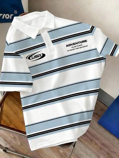 Manfinity Joysei Camisa polo casual de hombre a rayas azules y blancas, adecuada para la escuela y salidas