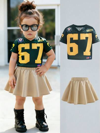 Bubblio Conjunto de camiseta de manga corta holgada con estampado numérico y bloque de color, y falda de cintura elástica, estilo deportivo y lindo para bebé niña en verano