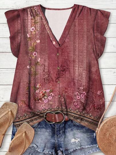 Rusticease Camisa de mujer con cuello en V y estampado floral retro casual, adecuada para blusas de verano elegantes y casuales para mujeres