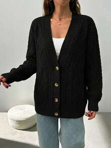 EURMUSE 女式純色前開襟落肩開襟衫 - 黑色 - 查看 4