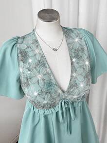 Flirla Elegant Versatile Fashion Embroidered Beaded Floral Patchwork Cinched Waist Dress - Green - View 4