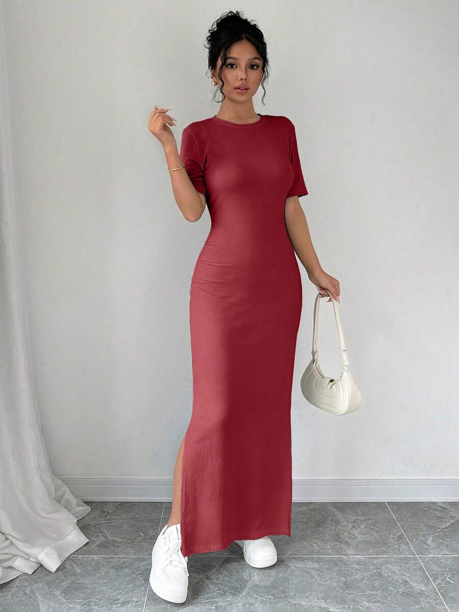 Selianne 女士V领开衩下摆纯色短袖连衣裙，长款女装，酒红色连衣裙，优雅长裙，修身长裙，红色长裙，女士短袖长款连衣裙，女士连衣裙，修身长裙，女士连衣裙，优雅经典连衣裙，高品质连衣裙 - 酒紅色 - 查看 1