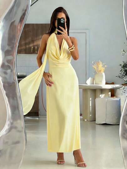 SHEIN Raffinéa Women's New Plunging Neck Draped Tie Waist Dress, Elegant For Banquet And Dinner Occasions