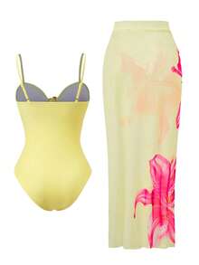 Swim Oasis 女士绿松石色花卉金属扣露背扎染印花浪漫优雅高端连体网纱连衣裙套装，两件套，春夏 - 彩色 - 查看 2