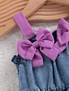 SHEIN 女婴蓝色时尚毛巾刺绣花卉撞色肩带蝴蝶结装饰连体衣 - 藍色 - 查看 5