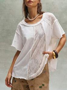 Bohemela Áo thun nữ dáng rộng tay ngắn, cổ tròn, màu trơn, phối ren, kiểu dáng thường ngày. - trắng - Xem 5