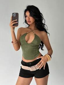 Aloruh Áo hở lưng cổ yếm màu trơn gợi cảm dành cho nữ, thích hợp cho mùa hè. - xanh quân đội - Xem 7