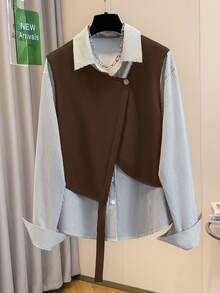 GlowEve Women's Striped Patchwork Long Sleeve Casual Shirt - Coffee Brown - View 4