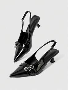 Sleekvia 女士尖头细高跟套脚低帮露跟派对春夏鞋 女士高跟鞋 搭扣 - 黑色 - 查看 5