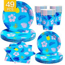 以蓝色背景为主题的夏日岛屿一次性餐盘、餐巾纸和杯子套装，可供8位客人使用。这款一次性派对用品套装（包括餐盘、餐巾纸和杯子）非常适合生日派对、婚礼和家庭野餐。 - 查看 1
