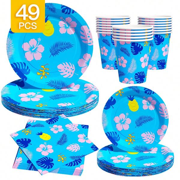 Summer Island On Blue Background Disposable Plates, Napkins And Cups Set, Serves 8 Guests. This Disposable Party Supplies Set (Including Plates, Napkins And Cups) Is Perfect For Birthday Parties, Weddings And Family Picnics.
