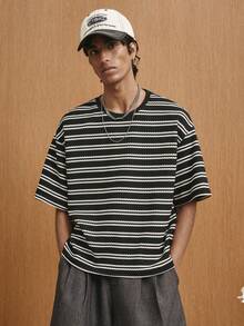 TOKVUE Camiseta casual de manga corta de cuello redondo con estampado de rayas para hombre, verano - Blanco y Negro - Ver 3