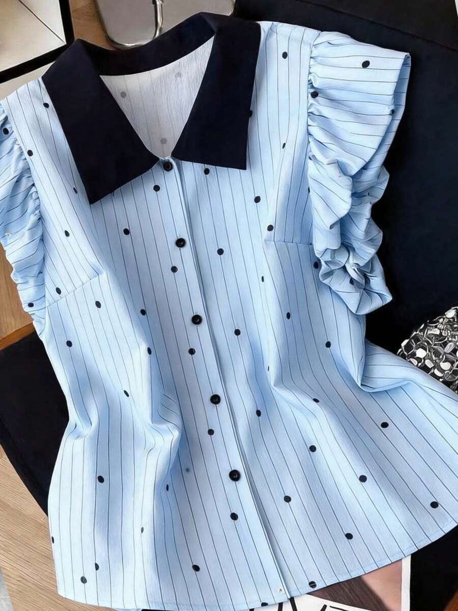 GlowEve CURVE Áo sơ mi nữ cỡ lớn kiểu mới, cổ áo phối màu tương phản, kẻ sọc chấm bi, tay ngắn, tay bồng xếp ly, ôm dáng, phong cách thường ngày trẻ trung, phù hợp cho đi làm, mặc ở nhà, đi chơi với bạn bè, văn phòng, du lịch ngắn ngày. - Màu xanh nhạt - Xem 1
