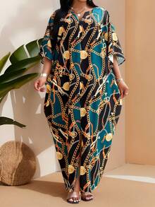 SHEIN CURVE+ 大码女士优雅派对/通勤/办公彩色钩针不对称长袍，夏季卡夫坦度假套装 - 彩色 - 查看 3