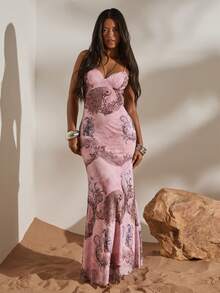 Opulessa Vår- och sommarsemester Stickad klänning med spaghettiband och tryck för kvinnor - Rosa - Visa 7