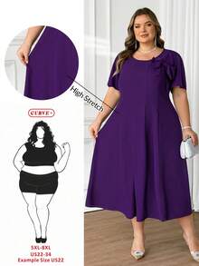 SHEIN CURVE+ Đầm dài ngang gối thanh lịch cổ tròn tay ngắn, màu trơn, trang trí nơ, dành cho nữ cỡ lớn. - Màu tím - Xem 7