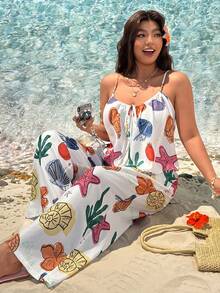 SHEIN EZwear 大码宽松舒适吊带背心和裤子两件套，适合海滩度假、海滩派对等场合，女士沙滩装，美人鱼沙滩装，珊瑚色夏季度假套装，女士夏季套装 - 彩色 - 查看 6