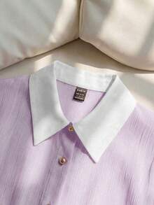 Franclia Áo sơ mi nữ thanh lịch màu hồng nhạt chất liệu chiffon nhăn, cổ trắng, tay ngắn, dáng rộng. - Màu tím - Xem 4