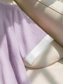 Franclia Áo sơ mi nữ thanh lịch màu hồng nhạt chất liệu chiffon nhăn, cổ trắng, tay ngắn, dáng rộng. - Màu tím - Xem 7