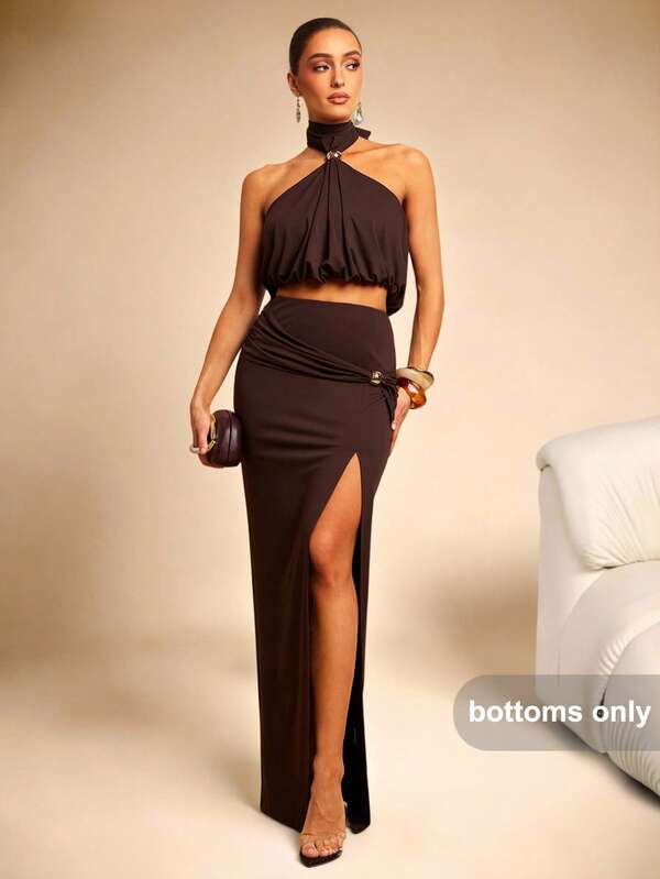 Silquee This Brown, Asymmetrically Designed Stretch Knit Midi Skirt With Metal Buckle Embellishments Is Elegant And Sexy, Perfect For Spring And Summer. The Design Is Slimming And Flattering, Exuding A Refined And Elegant Charm. It's Versatile Enough For A Holiday Day, Beach Vacation, Beach Dresses, Wedding Guest Dress, Social Occasions, Dates, Commuting, Gatherings With Friends, Or Shopping.