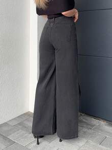 Jeta Ari 女式抽绳腰系带直筒休闲牛仔裤 Old Money 风格商务休闲女装 - 黑色 - 查看 2