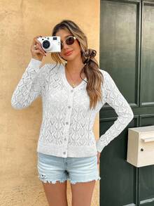 Breezaya Women's Hollow Out Thin Cardigan Long Sleeve - White - View 3
