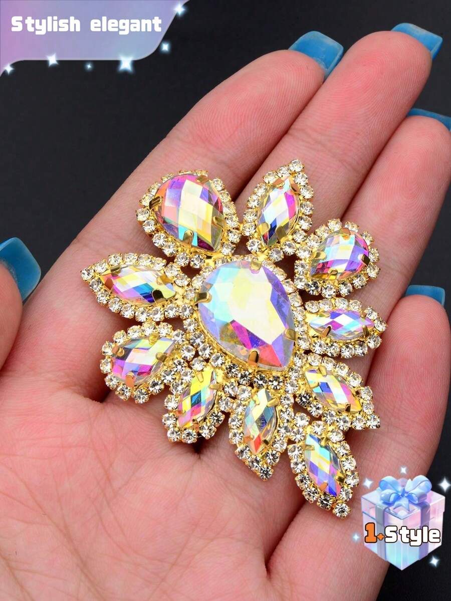 1颗45*59mm缝制金色水晶AB玻璃水钻贴花缝纫花朵水晶石平底爪镶钻，适用于婚纱、鞋子工艺品 - 1pc - 查看 1