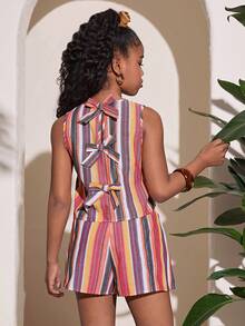 Tween Girls Casual Vacation Striped Print Shirt Top And Shorts Set - Orange - View 1