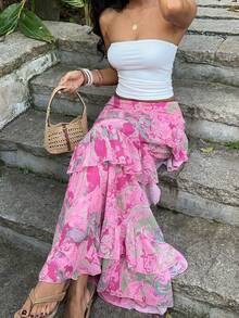 Sunnyshic 女士休闲度假时尚日常百搭波西米亚风佩斯利印花多层荷叶边低腰半身裙，春夏款 - 彩色 - 查看 5