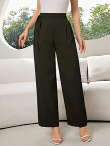 Modelyn 女士休闲纯色直筒裤，适合日常通勤 - 軍綠色 - 查看 4