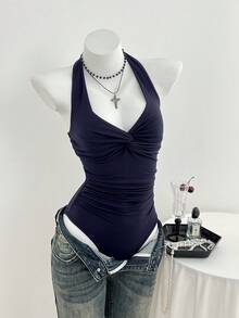 女士V领前扭结休闲连体衣，简约性感，春夏款 - 藏蓝色 - 查看 5