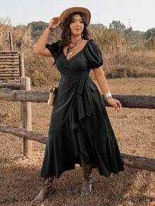 Ceyna Casual Elegant Black Plus Size Dress Short Puff Sleeve Ruched Sweetheart Neckline A Line Wrap Hem Party Vacation Summer - Black - View 6