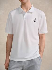 Courvante 男士夏季錨圖案印花短袖休閒/通勤領領圖案 Polo 衫，白色，適合工作與爸爸穿著，高爾夫、網球 - 白色 - 查看 4
