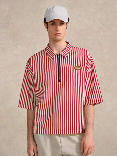 Courvante TOKUVE Men's Casual Polo Shirt, Young & Fashionable Zip Placket Polo, Minimalist Casual Striped Fabric, Daily Wear, Inspired By Ins, Short Sleeve Collared T-Shirt/Polo Shirt, Suitable For Music Festivals, Vacations And Everyday Looks, Men's Casual Shirt, Leisure At Home, Vacation Culture, Personalized, Gift For Husband Or Boyfriend Tenniscore