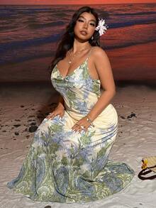 SHEIN EZwear Đầm hai dây dáng rộng in họa tiết cây nhiệt đới, cỡ lớn, màu vàng nhạt. - Vàng nhạt - Xem 3