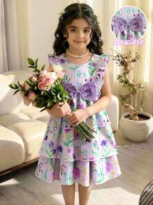 SHEIN Elladie kids 女童春夏优雅连衣裙，正面黄色纯色3D蝴蝶结装饰，泡泡褶皱面料荷叶袖，收腰设计，可爱兔子数码印花蛋糕裙，适合春夏穿着，可爱淑女，日常、上学、度假皆宜。女童服装，公主裙，可爱连衣裙，碎花裙。夏季套装，柔软连衣裙，优雅派对礼服。夏季套装。柔软连衣裙。 - 淡紫色 - 查看 4