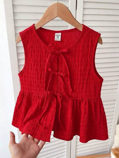 SHEIN Tween Girls Red Textured Jacquard Chiffon Sleeveless Bow Tie Strap Ruffle Hem Cute Casual Vacation Camisole Top