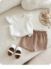 1-Piece Summer Cute White Top And Shorts Set With Elastic Waist - Apricot - View 2