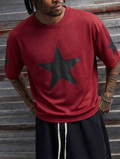 AXEPEAK Men's Knit Star Pattern Casual Loose Fit Short Sleeve T-Shirt, For Young Fashionable Daily Wear, Summer