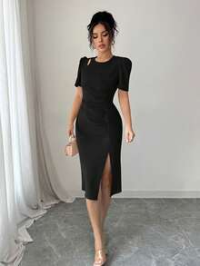 Elenzga Solid Color Round Neck Hollow Out High Slit Short Sleeve Dress - Black - View 5