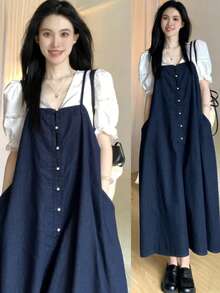 FRIFUL Women's Solid Color Button Decor Casual Denim Cami Dress - Dark Wash - View 7