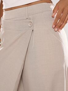 Avantive Quần ống rộng nữ màu trơn, cạp lệch, kiểu dáng thường ngày/công sở - Màu be - Xem 7