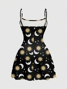ROMWE Grunge Punk Vestido negro de tiras finas y elástico con estampado de sol y luna, estilo hippie, talla grande - Negro - Ver 2