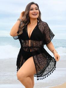 Swim Lushoire Plus Size Women Vacation Sheer Mesh Fringe Kimono Cover Up - Black - View 5