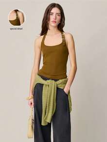 Nöista Áo tank top cổ yếm màu xanh ô liu gân sọc với cổ vuông và dây đeo có khóa điều chỉnh. Phong cách Boho phương Tây mùa xuân hè, thích hợp cho các buổi tiệc âm nhạc, đi chơi đêm. Kỳ nghỉ, sang trọng, đi chơi, đám cưới, tiệc tùng, lễ hội, kỳ nghỉ hè. - Cà phê nâu - Xem 4