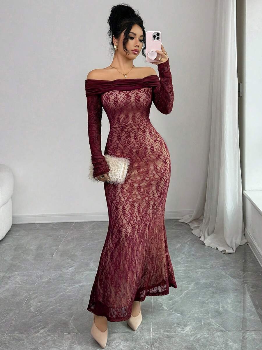 Modelyn Damen elegantes Off-Shoulder Spitze Maxikleid mit Fischschwanz, Herbst/Winter - Bordeaux - Übersicht 1