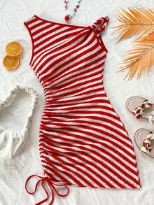 Teen Girls Striped Asymmetric Ruched Snug Fit Mini Dress, Casual Vacation Beach Party Dress - Red and White - View 1