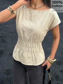 Siren Gaze Siren Gzae 杏色社交衬衫夏季上衣女士休闲度假通勤纯色船领荷叶边下摆衬衫，夏季女士休闲装扮女士短袖上衣女士夏季上衣女士棉质上衣女士上衣衬衫T恤 - 杏色 - 查看 4