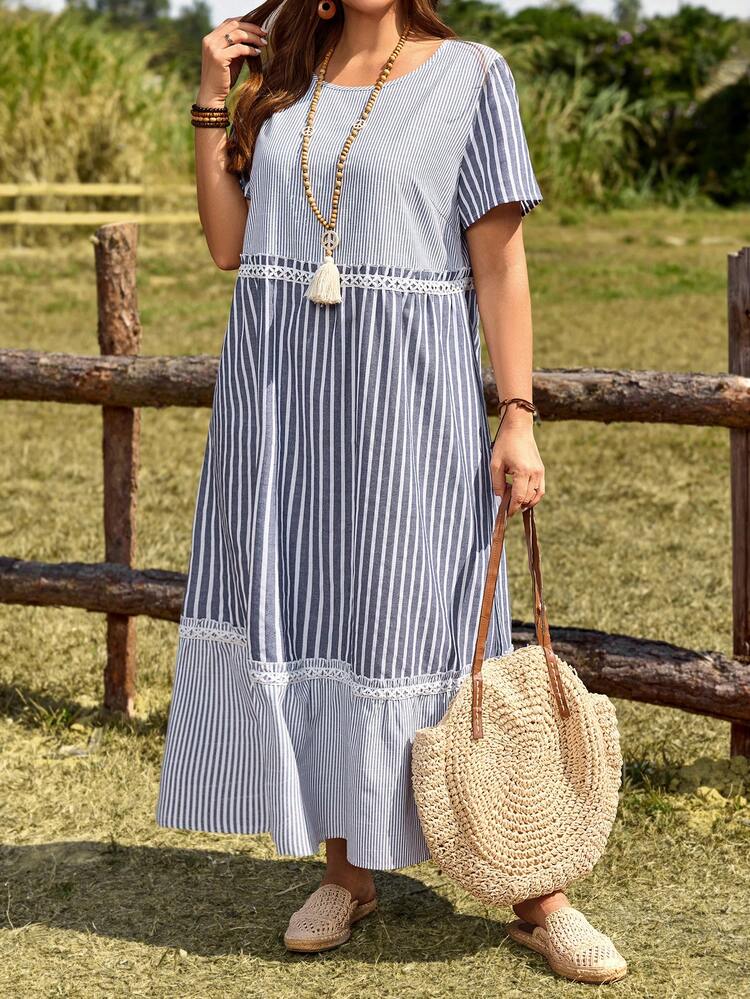 Plus Size Women's Summer Casual Vacation Country Blue Striped Patchwork Long Dress,Summer Outfits For Women ,Vacation Outfits Women ,Holiday Outfits For Women,Going Out Outfits,2026 New Clothes,Simple And Fashionable For Everyday Wear,Suitable For Summer, Vacation, Daily Wear, Festival Outfits For Women,Country Concert Outfit,Beach Outfits For Women,Western Style,Flowy Dress