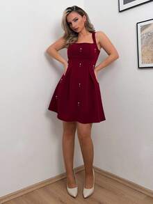 Jeta Ari Women's Solid Color Sequined Strap Patchwork Casual Dress - Burgundy - View 1